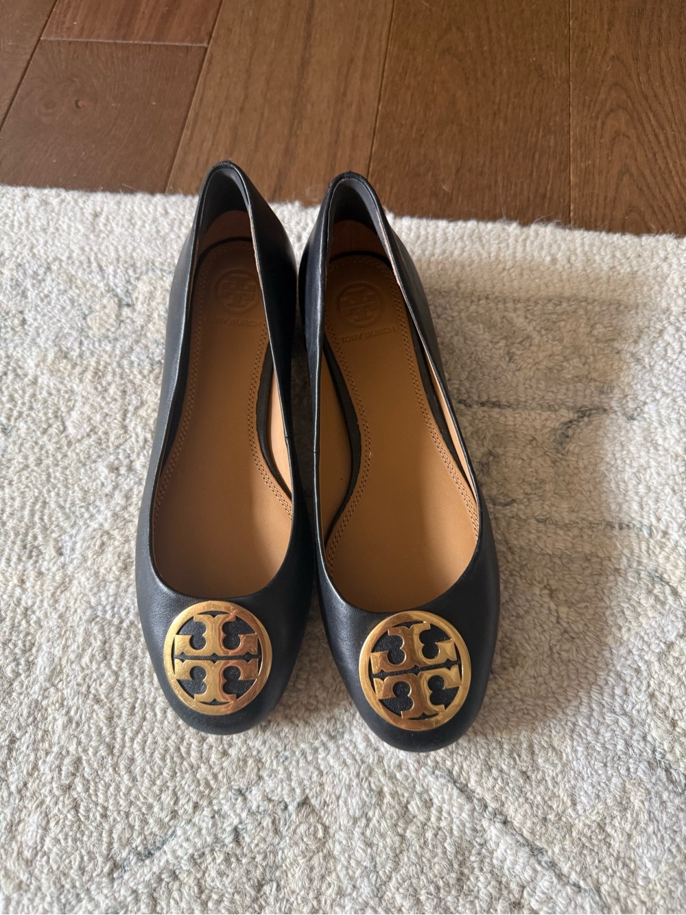 Tory Burch Black Leather Ballet Flats with Gold Logo Medallions